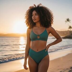 Womens Green Bikini Set Small High Waist V-Cut Keyhole Two Piece Swimsuit